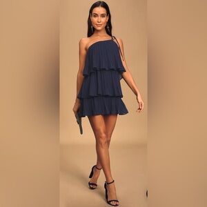 NWT Lulu’s Blowing Kisses Navy Blue Pleated One-Shoulder Mini Dress